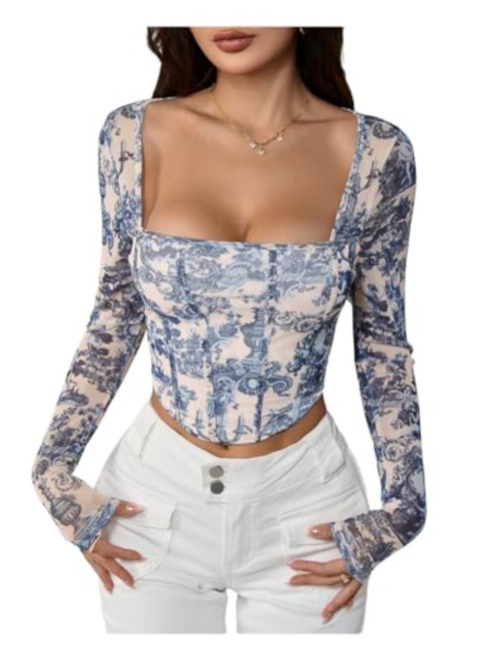 Women's Long Sleeve Square Neck Graphic Print Crop Top Slim Fit